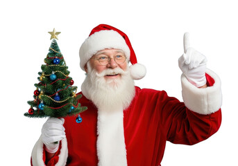 Happy santa claus holding a small decorated christmas tree and pointing upward with his index finger, isolated on transparent background