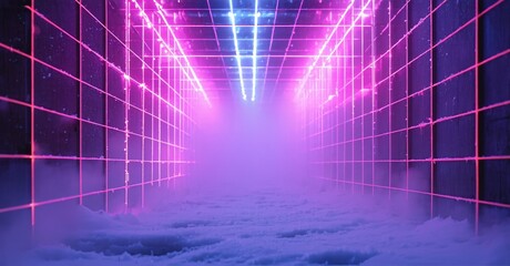Fototapeta premium Neon grid tunnel extends into darkness. Fog obscures floor, creating futuristic vibe. Bright pink, blue lights illuminate space.
