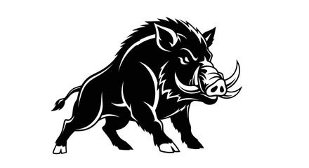 Powerful black wild boar illustration with sharp tusks and fierce expression.