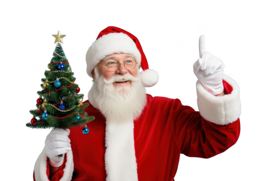 Happy santa claus holding a small decorated christmas tree and pointing upward with his index finger, isolated on transparent background