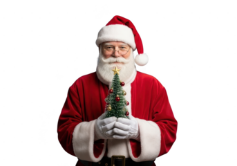 Portrait of cheerful santa claus wearing red suit and hat holding small decorated christmas tree isolated on transparent background