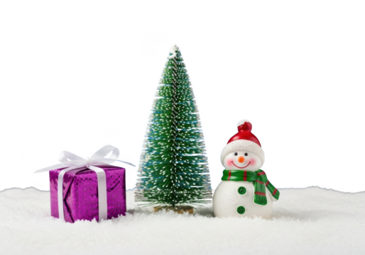 Festive miniature christmas scene with a snowman, small evergreen tree, and a purple gift box sitting in white snow isolated on transparent background - Powered by Adobe