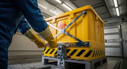 Secure Biohazard Container Lockdown by Worker in Industrial Transport Truck