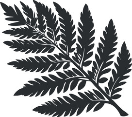Naklejka premium Black silhouette of a fern leaf with detailed foliage on a white background.