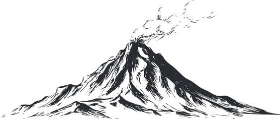 Black and white illustration of a volcanic eruption with smoke and rugged mountain features.