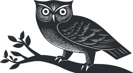 Monochrome vector illustration of an owl perched on a branch in woodcut style.