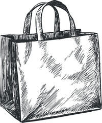 Hand-drawn sketch of a reusable shopping bag with detailed lines and shading.