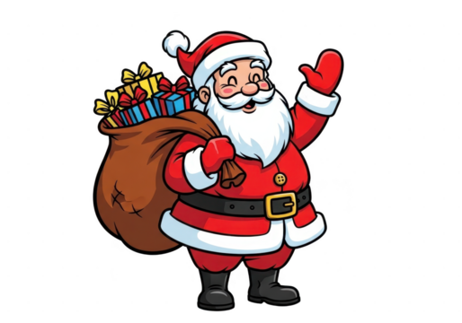 Cute cartoon santa claus waving hand while carrying a large sack full of wrapped christmas presents isolated on transparent background - Powered by Adobe