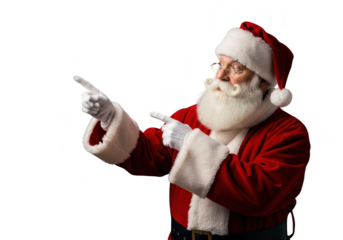Portrait of santa claus pointing to the side with both hands, isolated on transparent background