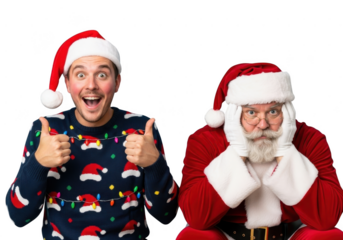 Two men dressed as santa claus and wearing christmas sweaters giving thumbs up gesture isolated on transparent background