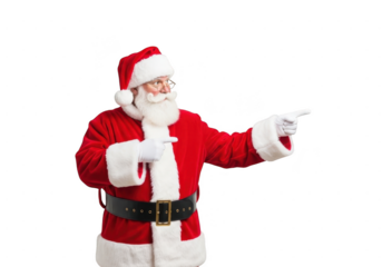 Santa claus pointing to the side with his right hand, isolated on transparent background