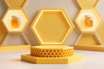 Yellow cosmetics podium with honeycomb. 3d vector realistic platform or pedestal for products presentation in studio. Background with hexagon display for showing honey product. Minimalist stand mockup