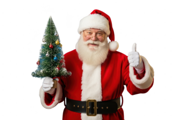 Happy santa claus in traditional red suit holding small decorated christmas tree and giving thumbs up sign, isolated on transparent background