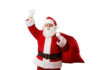 Cheerful santa claus character with white beard holding a large red gift sack and raising one hand in celebration, isolated on transparent background