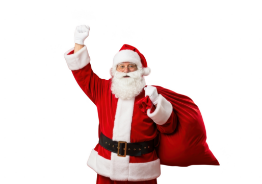 Cheerful santa claus character with white beard holding a large red gift sack and raising one hand in celebration, isolated on transparent background