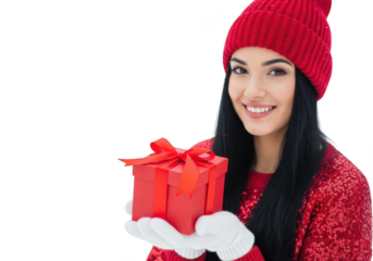 Smiling young woman wearing red knit beanie and sequin sweater holding small red gift box with white glove isolated on transparent background