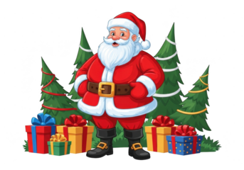 Cute cartoon santa claus character standing with many wrapped christmas presents and decorated pine trees isolated on transparent background