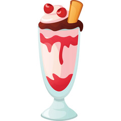 Pink Milkshake with Cherry Topping and Chocolate Drizzle in a Tall Glass with a Wafer Stick on a Transparent Background