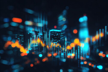 Fototapeta premium Defocused financial district at night with blurred skyscrapers, glowing city lights, abstract stock market graph, futuristic urban skyline, vibrant colors, energetic atmosphere