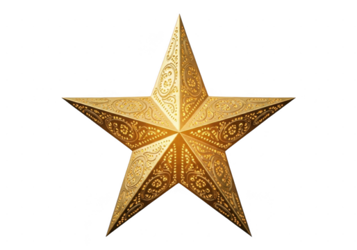 Ornate golden fivepointed star with intricate pattern, isolated on transparent background for holiday or decorative use