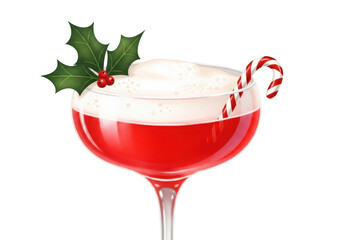 Illustration of a festive red holiday cocktail with white foam, garnished with a candy cane and holly leaf, isolated on transparent background
