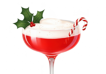 Illustration of a festive red holiday cocktail with white foam, garnished with a candy cane and holly leaf, isolated on transparent background