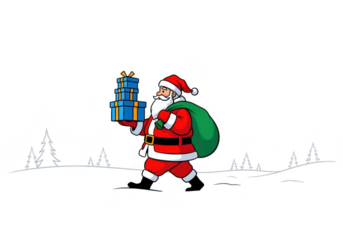 Cartoon illustration of santa claus walking in snow carrying a stack of blue wrapped gift boxes and a large green sack of present isolated on transparent background