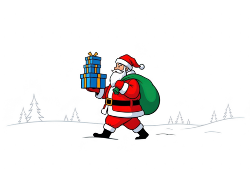 Cartoon illustration of santa claus walking in snow carrying a stack of blue wrapped gift boxes and a large green sack of present isolated on transparent background - Powered by Adobe