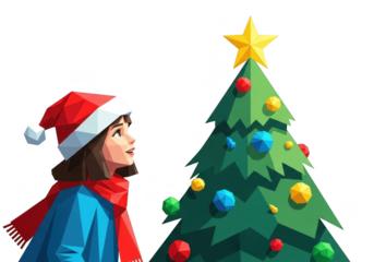 Young girl wearing a santa hat and scarf looking up at a decorated christmas tree with a star on top, isolated on transparent background