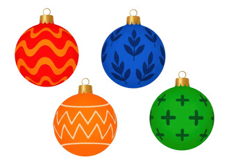 Set of four colorful christmas tree ornaments with different festive patterns, isolated on transparent background