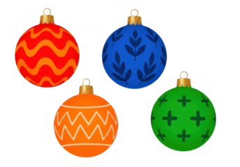 Set of four colorful christmas tree ornaments with different festive patterns, isolated on transparent background