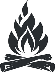 Black and white silhouette of a campfire with flames and logs for camping illustration.