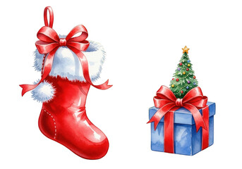 Watercolor illustration of a festive red christmas stocking with a big bow and a blue gift box topped with a small decorated christmas tree, isolated on transparent background