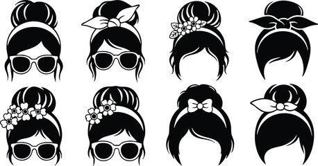 Various stylish hairstyles featuring sunglasses and decorative accessories for trendy women 