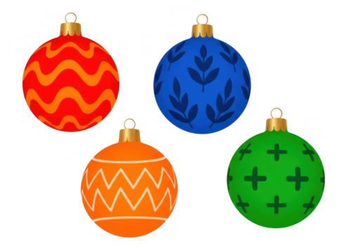 Set of four colorful christmas tree ornaments with different festive patterns, isolated on transparent background