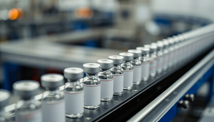 Automated pharmaceutical production line with glass vaccine vials on conveyor belt. Industrial manufacturing of medicine in sterile factory environment.