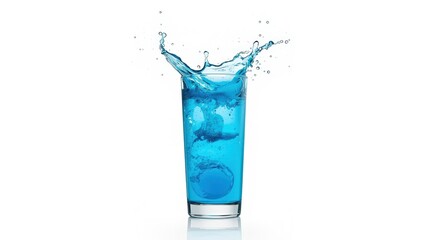 Dynamic splash of blue liquid in a glass. Fresh mouthwash, water or dental hygiene concept isolated on white background with copy space.