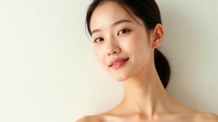 Portrait of a beautiful young woman model with clean skin, smiling face, and glamorous makeup, looking at the studio camera