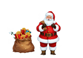 Cheerful santa claus character standing next to a large sack overflowing with colorful wrapped christmas presents, isolated on transparent background