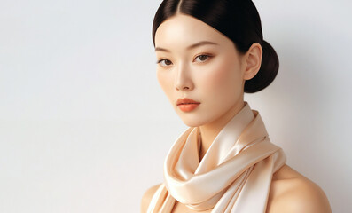 A brunette woman model with clean makeup, looking face with beautiful, glamorous skin and hair in the studio