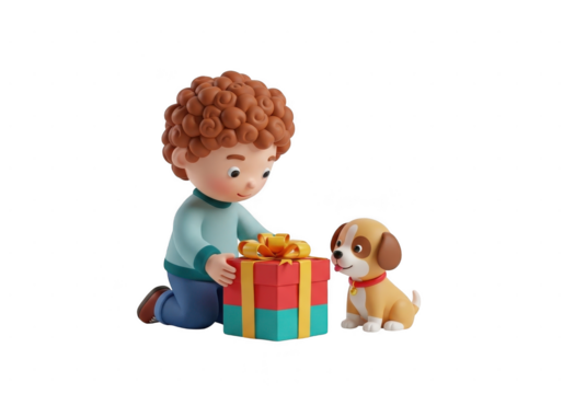Cute 3d rendered cartoon boy with curly hair opening a colorful gift box next to a small puppy dog, isolated on transparent background