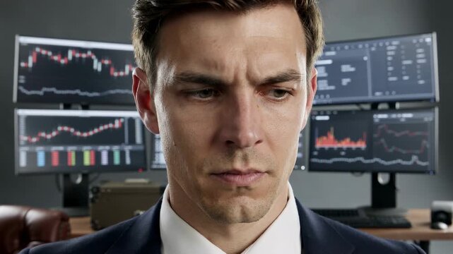 Close-up portrait of a focused businessman in a suit looking at something with a serious expression in front of multiple computer monitors displaying financial data in a professional office