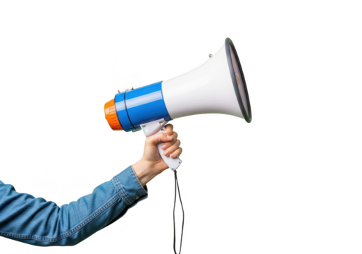 Hand holding a blue and white megaphone or bullhorn for announcement or protest isolated on transparent background
