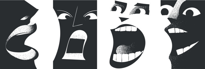 Abstract black and white illustration of expressive faces with bold contrast and dynamic shapes.
