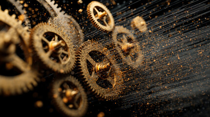 Golden mechanical gears rotating with speed on black backgroud