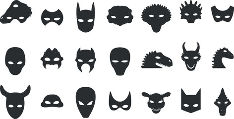 Naklejka premium Collection of various costume masks depicting animals, superheroes, and mythical creatures in silhouette.