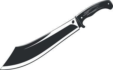 Black and white illustration of a machete with a sharp blade and ergonomic handle.