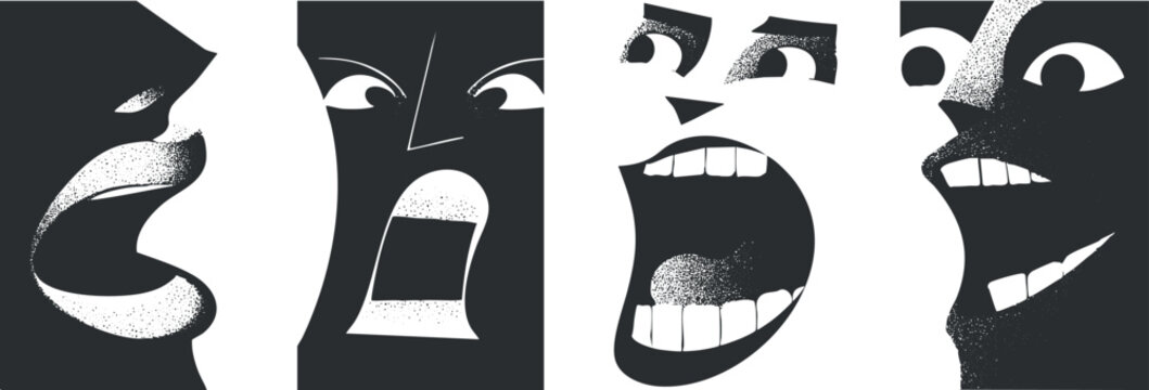 Abstract black and white illustration of expressive faces with bold contrast and dynamic shapes.