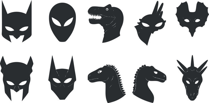 Silhouettes of various masks including superheroes, dinosaurs, and dragons on a white background.