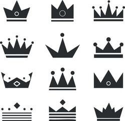 Collection of black and white crown icons in various styles and silhouettes.